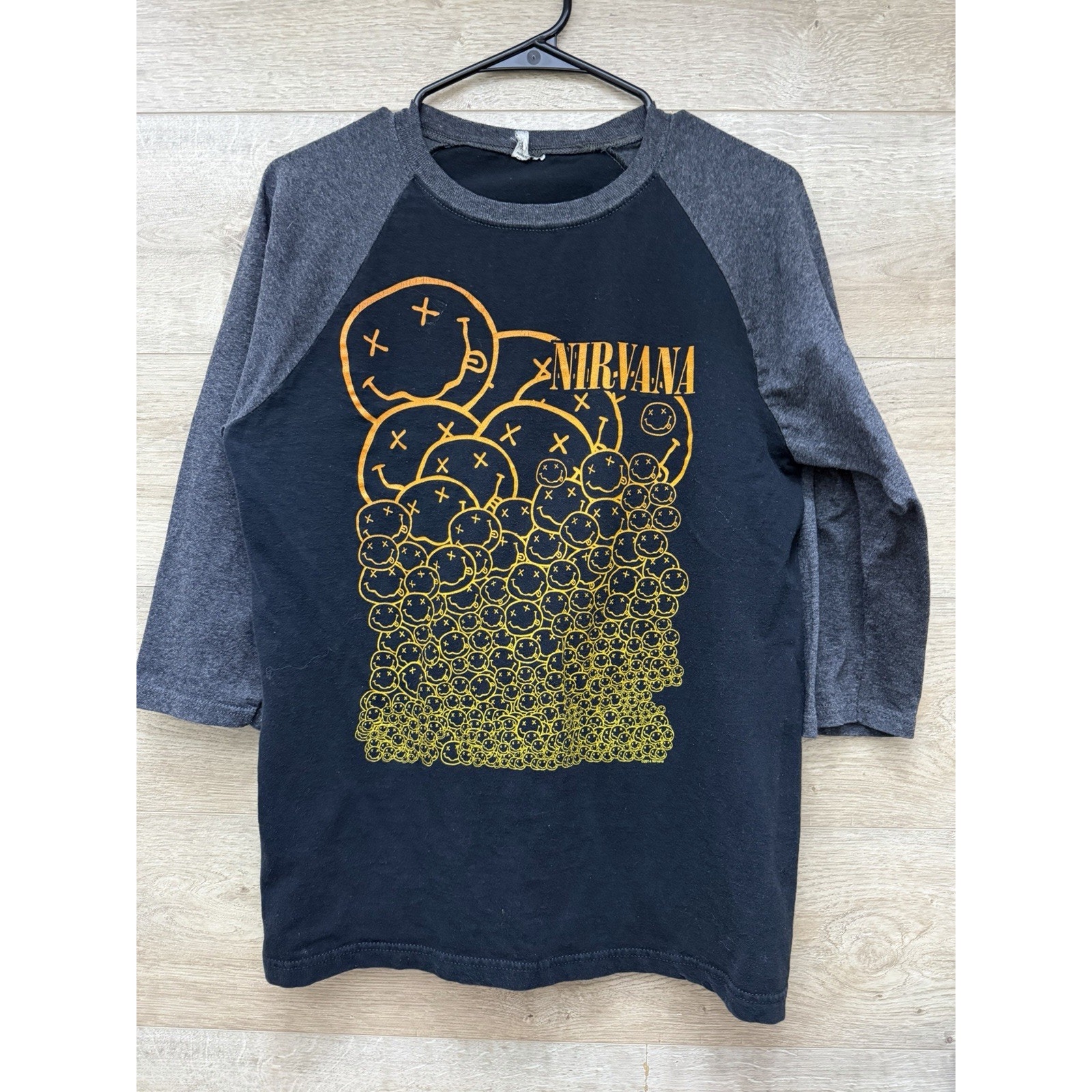 Nirvana Black Graphic Print Baseball Shirt 3/4 Sleeve Smiley Faces Medium
